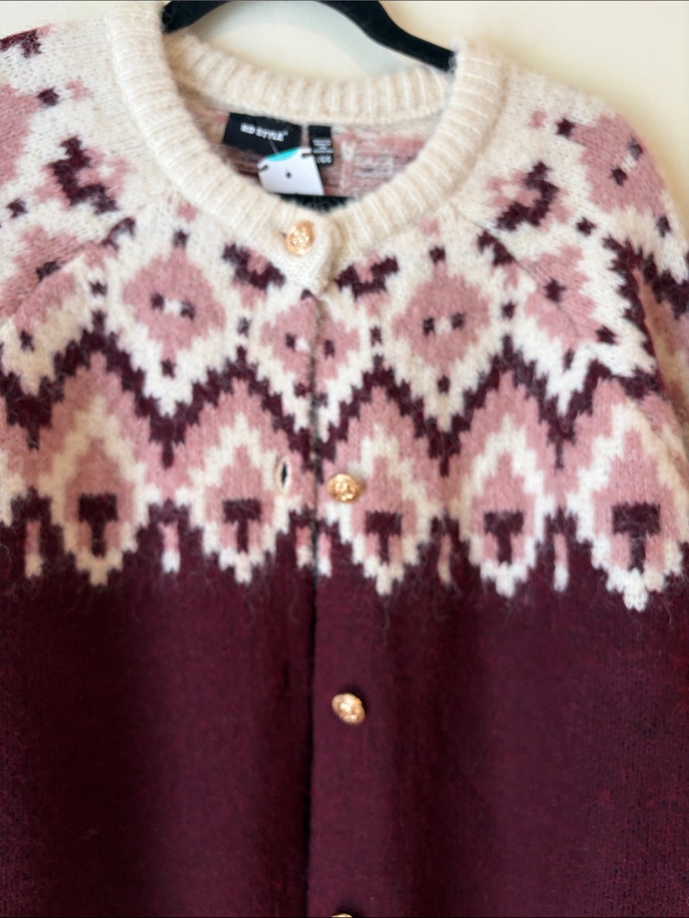 Cozy Patterned Crewneck Cardigan Sweater - Burgundy & Pink - Picture 2 of 5